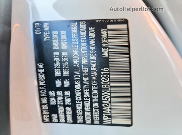 WP1AA2A5XKLB02316 2019 PORSCHE MACAN White VIN sticker view