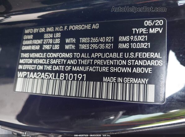 WP1AA2A5XLLB10191 2020 PORSCHE MACAN Black Շարժիչի բաժամունքի տեսք