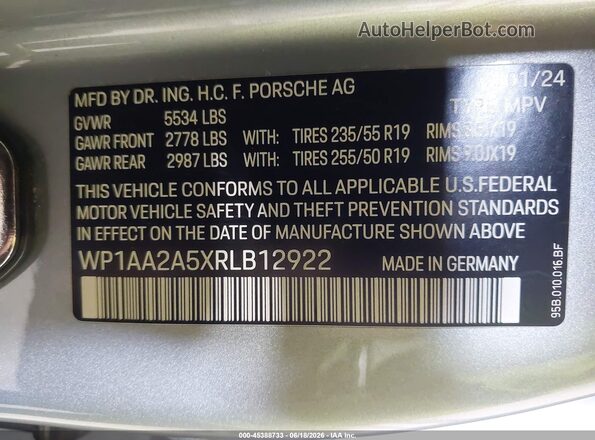 WP1AA2A5XRLB12922 2024 PORSCHE MACAN Gray Engine compartment view