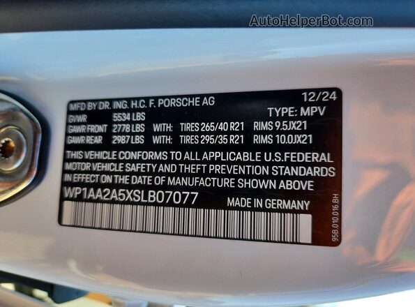 WP1AA2A5XSLB07077 2025 PORSCHE MACAN White Вид наклейки з VIN-кодом