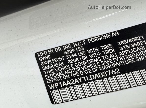 WP1AA2AY1LDA03762 2020 PORSCHE CAYENNE Белый Вид наклейки с VIN-кодом