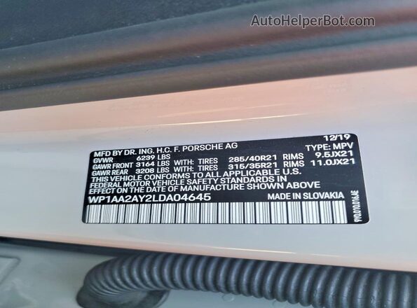 WP1AA2AY2LDA04645 2020 PORSCHE CAYENNE Gray VIN კოდის სტიკერის ხედი