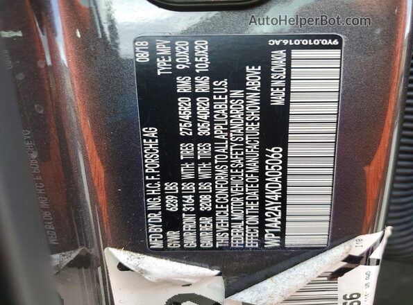 WP1AA2AY4KDA05066 2019 PORSCHE CAYENNE Gray Vista de la etiqueta del VIN