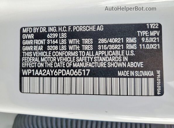 WP1AA2AY6PDA06517 2023 PORSCHE CAYENNE Белый Панорамный вид салона 360°