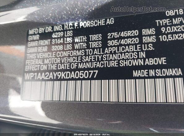 WP1AA2AY9KDA05077 2019 PORSCHE CAYENNE Gray Vista del compartimento del motor