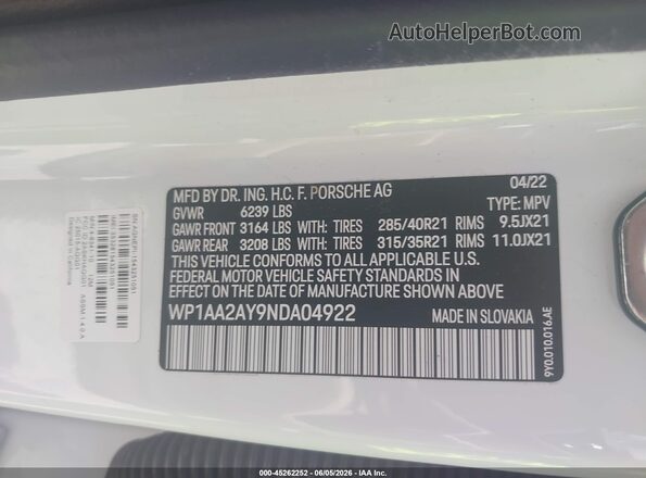 WP1AA2AY9NDA04922 2022 PORSCHE CAYENNE White Շարժիչի բաժամունքի տեսք