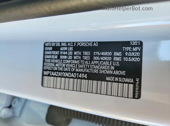 WP1AA2AYXNDA01494 2022 PORSCHE CAYENNE Белый Вид наклейки с VIN-кодом