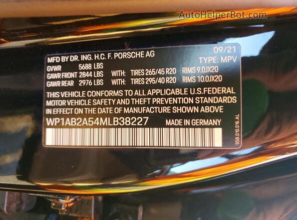 WP1AB2A54MLB38227 2021 PORSCHE MACAN Black VIN sticker view