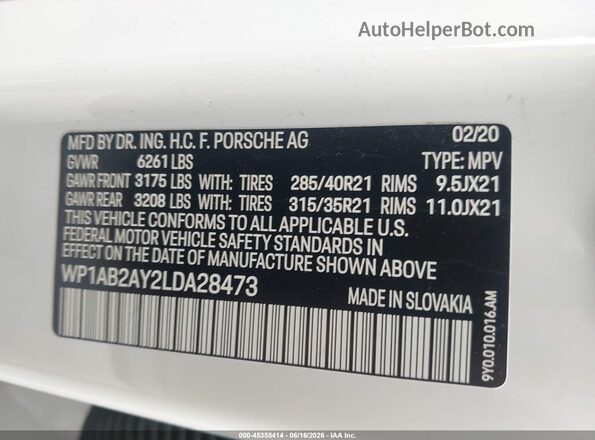 WP1AB2AY2LDA28473 2020 PORSCHE CAYENNE White Engine compartment view
