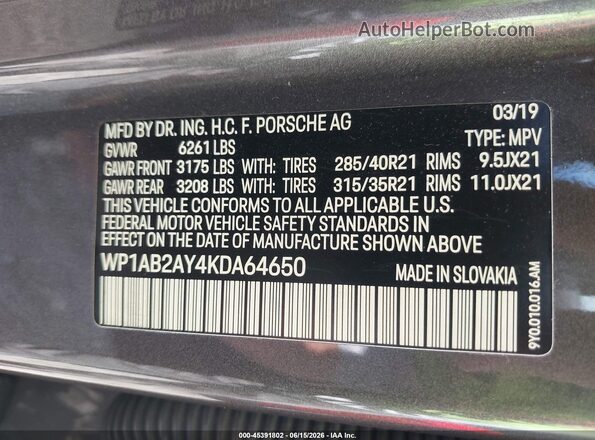 WP1AB2AY4KDA64650 2019 PORSCHE CAYENNE Gray Engine compartment view