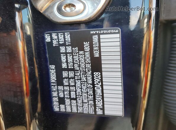 WP1AB2AY6MDA29028 2021 PORSCHE CAYENNE Black VIN კოდის სტიკერის ხედი