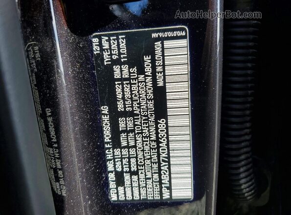 WP1AB2AY7KDA63086 2019 PORSCHE CAYENNE Black VIN կոդի պիտակի տեսք