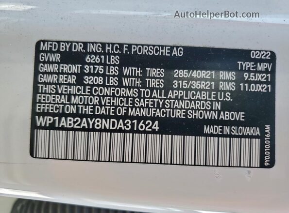 WP1AB2AY8NDA31624 2022 PORSCHE CAYENNE White VIN կոդի պիտակի տեսք