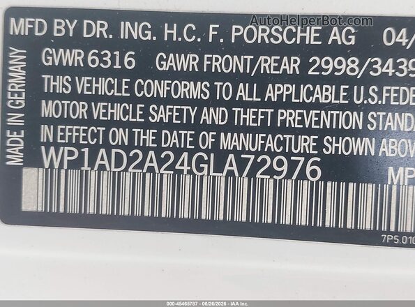 WP1AD2A24GLA72976 2016 PORSCHE CAYENNE White ძრავის განყოფილების ხედი