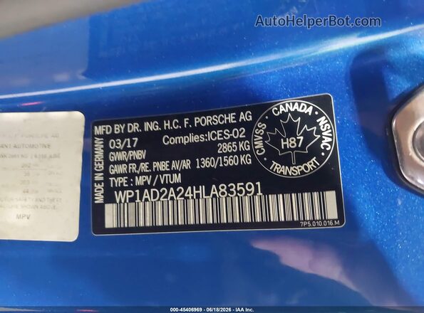 WP1AD2A24HLA83591 2017 PORSCHE CAYENNE Blue Vista del compartimento del motor