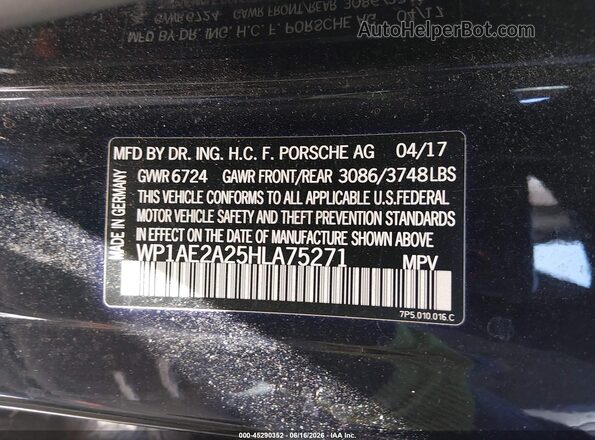 WP1AE2A25HLA75271 2017 PORSCHE CAYENNE Blue Շարժիչի բաժամունքի տեսք