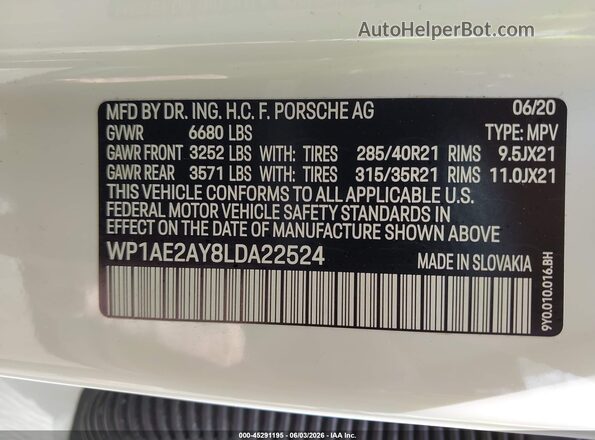 WP1AE2AY8LDA22524 2020 PORSCHE CAYENNE Белый Вид подкапотного пространства