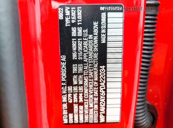 WP1AH2AY6PDA22034 2023 PORSCHE CAYENNE Red VIN կոդի պիտակի տեսք