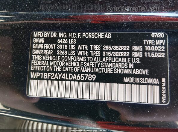 WP1BF2AY4LDA65789 2020 PORSCHE CAYENNE Black Engine compartment view