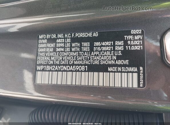 WP1BH2AY0NDA59081 2022 PORSCHE CAYENNE Gray Շարժիչի բաժամունքի տեսք