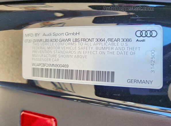 WUAPCBF26MN900469 2021 AUDI RS7 Black VIN კოდის სტიკერის ხედი