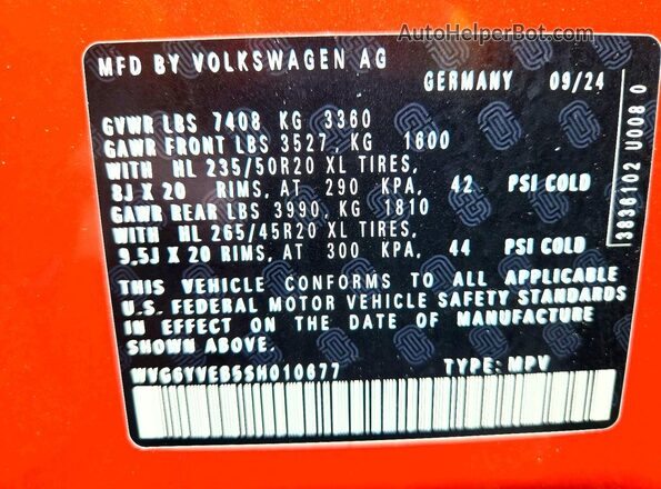 WVG6YVEB5SH010677 2025 VOLKSWAGEN ID Оранжевый Вид наклейки с VIN-кодом