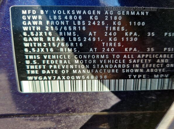 WVGAV7AX0GW548898 2016 VOLKSWAGEN TIGUAN Blue VIN sticker view