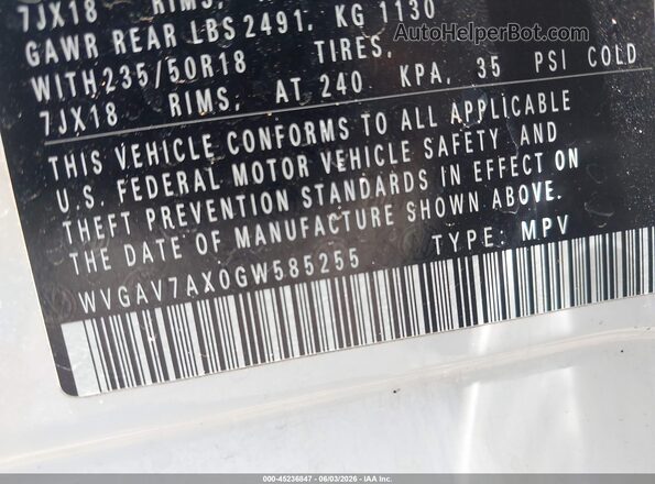 WVGAV7AX0GW585255 2016 VOLKSWAGEN TIGUAN White Engine compartment view