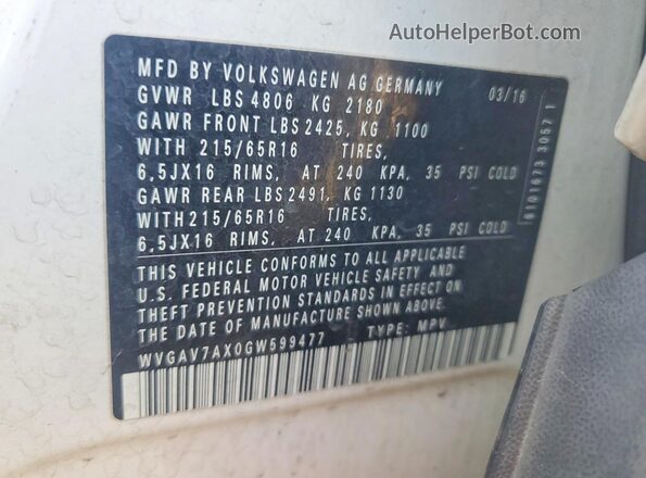 WVGAV7AX0GW599477 2016 VOLKSWAGEN TIGUAN Белый Вид наклейки с VIN-кодом