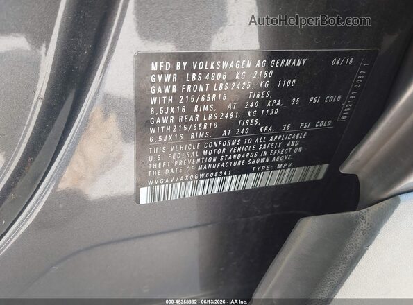 WVGAV7AX0GW608341 2016 VOLKSWAGEN TIGUAN Gray Вид підкапотного простору