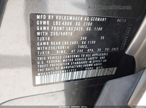 WVGAV7AX0GW611711 2016 VOLKSWAGEN TIGUAN Gray Widok komory silnika