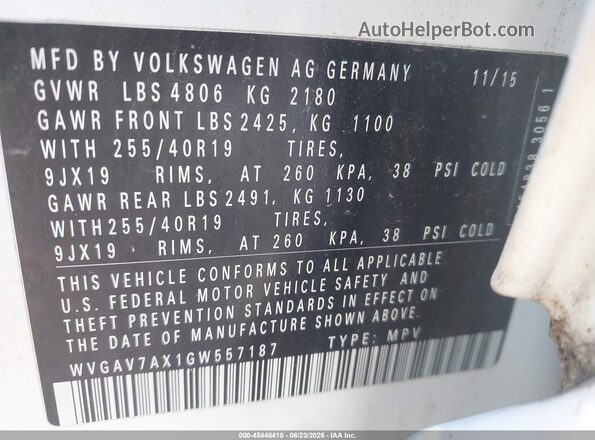 WVGAV7AX1GW557187 2016 VOLKSWAGEN TIGUAN White Engine compartment view