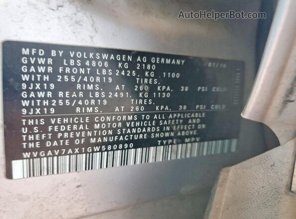 WVGAV7AX1GW580890 2016 VOLKSWAGEN TIGUAN Серебряный Вид наклейки с VIN-кодом