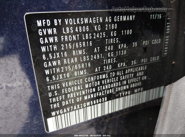 WVGAV7AX2GW565038 2016 VOLKSWAGEN TIGUAN Blue Vista del compartimento del motor
