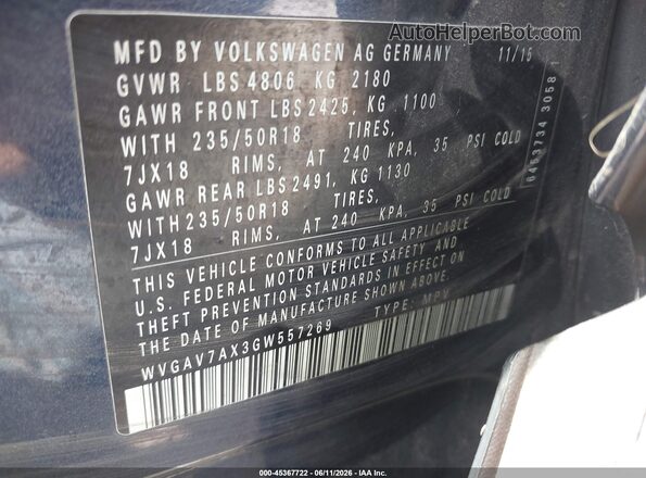 WVGAV7AX3GW557269 2016 VOLKSWAGEN TIGUAN Dark Blue 