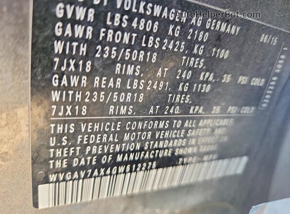 WVGAV7AX4GW512275 2016 VOLKSWAGEN TIGUAN Gray VIN კოდის სტიკერის ხედი