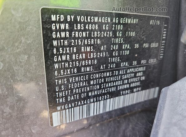 WVGAV7AX4GW516293 2016 VOLKSWAGEN TIGUAN Gray Вид наклейки з VIN-кодом