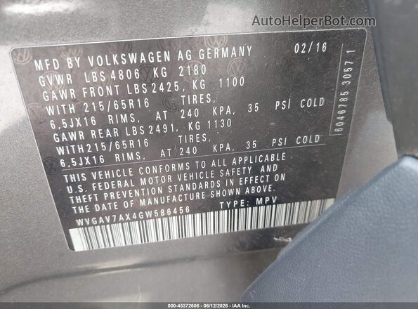 WVGAV7AX4GW586456 2016 VOLKSWAGEN TIGUAN Серый 