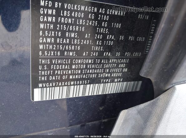 WVGAV7AX4GW599157 2016 VOLKSWAGEN TIGUAN Blue Vista del compartimento del motor