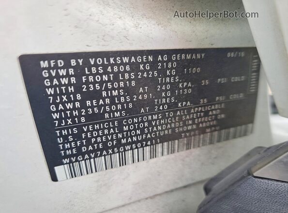 WVGAV7AX5GW507411 2016 VOLKSWAGEN TIGUAN White 