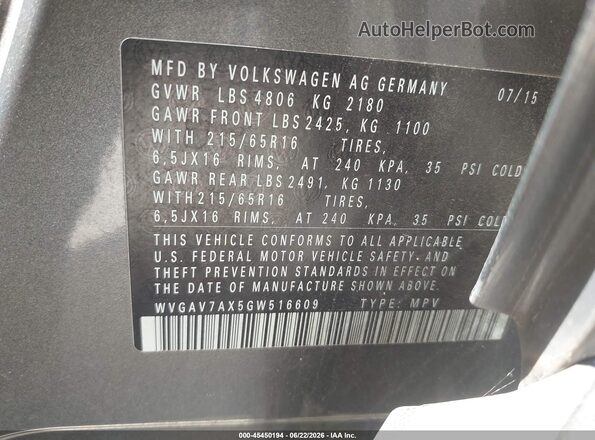 WVGAV7AX5GW516609 2016 VOLKSWAGEN TIGUAN Gray 