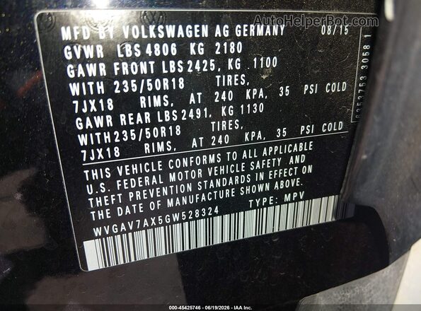 WVGAV7AX5GW528324 2016 VOLKSWAGEN TIGUAN Black Widok komory silnika