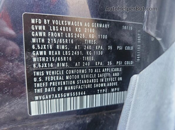 WVGAV7AX5GW555944 2016 VOLKSWAGEN TIGUAN Синий 
