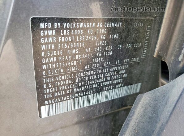 WVGAV7AX5GW565468 2016 VOLKSWAGEN TIGUAN Серый Вид наклейки с VIN-кодом