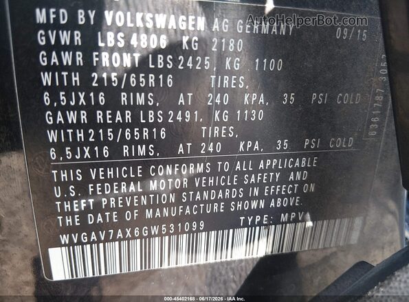 WVGAV7AX6GW531099 2016 VOLKSWAGEN TIGUAN Black Вид підкапотного простору