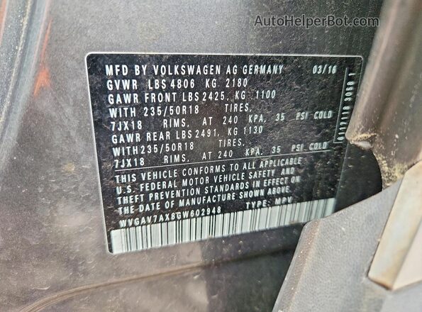 WVGAV7AX8GW602948 2016 VOLKSWAGEN TIGUAN Gray 