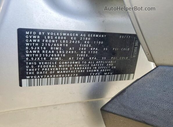 WVGAV7AX8HK036279 2017 VOLKSWAGEN TIGUAN Silver 
