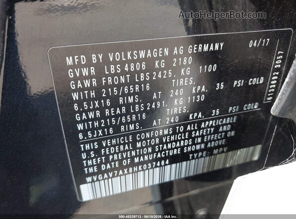 WVGAV7AX8HK037464 2017 VOLKSWAGEN TIGUAN Black 