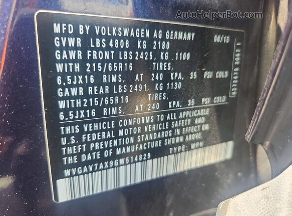 WVGAV7AX9GW514829 2016 VOLKSWAGEN TIGUAN Blue 