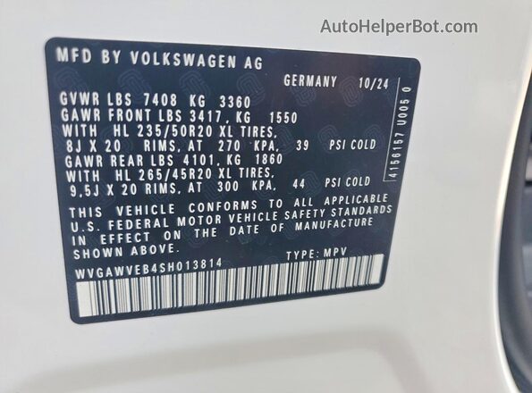 WVGAWVEB4SH013814 2025 VOLKSWAGEN ID White Շարժիչի բաժամունքի տեսք
